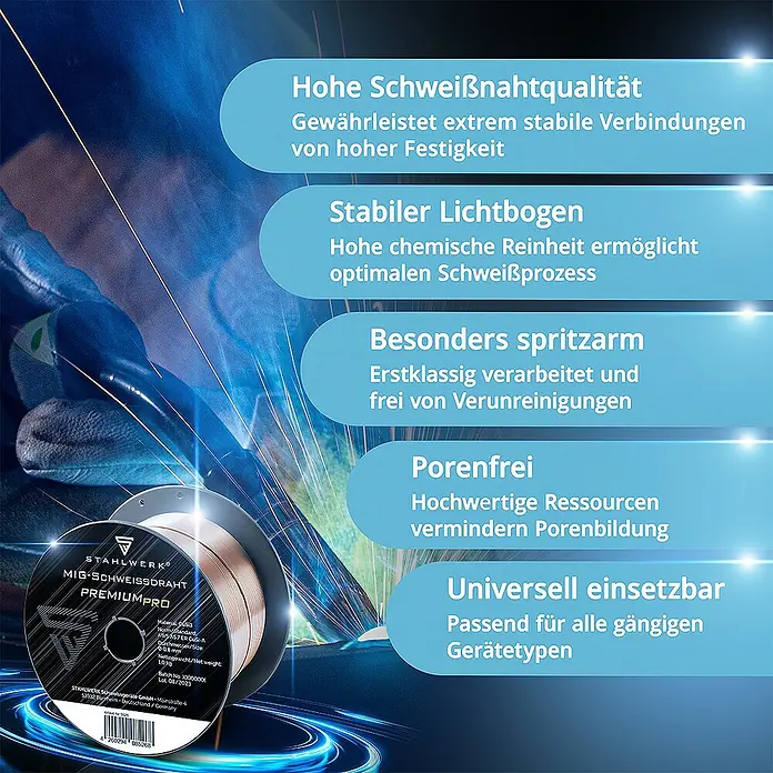 STAHLWERK Draht Schweißdraht MIG MAG CuSi3 0,8 mm 1 kg Drahtrolle -  - Produktabbildung von STAHLWERK MIG-Schweißdraht PREMIUM PRO, der für hohe Schweißnahtqualität und stabile Verbindungen sorgt.