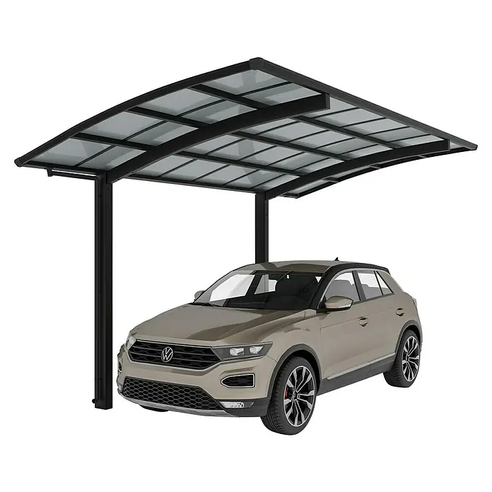 Ximax Carport PF60 - Außenmaß inkl. Dachüberstand (B x T): 2,7 x 4,95 m, Einzelcarport, Schwarz - Überdachter Parkplatz mit einem stilvollen bronzefarbenen VW-Auto darunter. Der Unterstand bietet Schutz vor den Elementen.