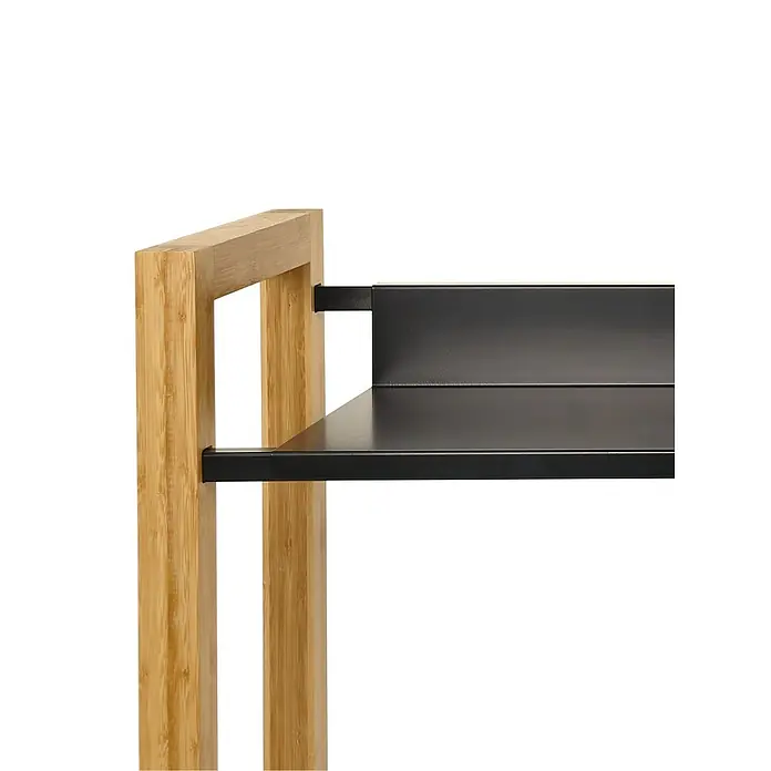 holz4home Getränkekistenregal - Anzahl Böden: 0 Stk., Schrauben, Braun - Detailaufnahme eines Regals mit Holzrahmen und schwarzen Ablageflächen, das modernes Design und natürliche Materialien vereint.