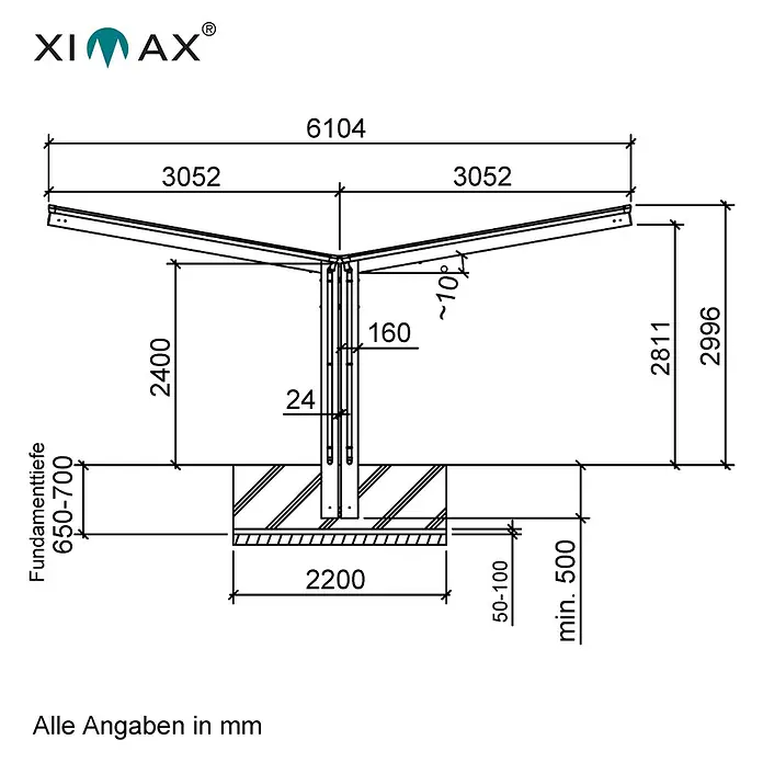 Ximax Carport Linea Typ 80 - Y Ausführung - Außenmaß inkl. Dachüberstand (B x T): 6,1 x 4,95 m, Schwarz - Technische Zeichnung einer Ximax-Überdachung mit Maßangaben zu Fundamenttiefe, Höhe und Breite, dargestellt in Millimetern.