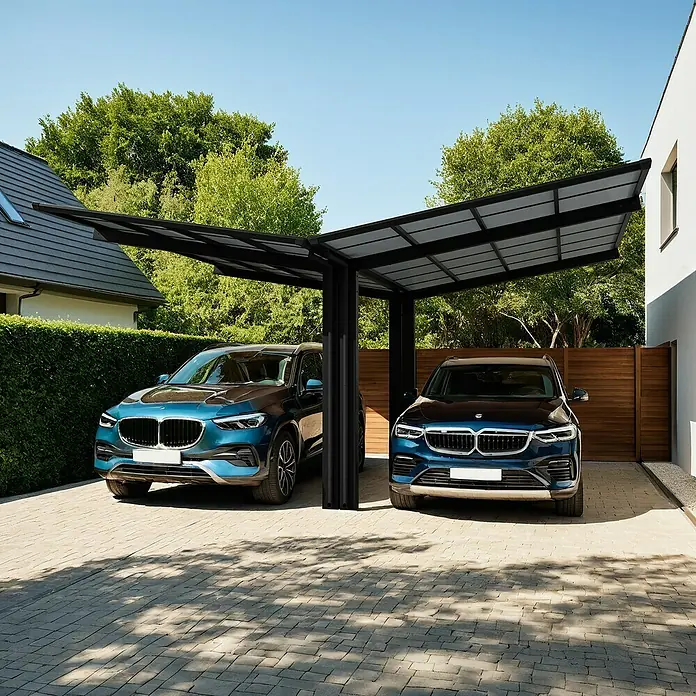 Ximax Carport Linea Typ 80 - Y Ausführung - Außenmaß inkl. Dachüberstand (B x T): 5,48 x 5,56 m, Schwarz - Ein Doppelcarport aus dunklem Stahl schützt zwei Autos vor Witterungseinflüssen und bietet eine stilvolle Ergänzung für jedes Haus.