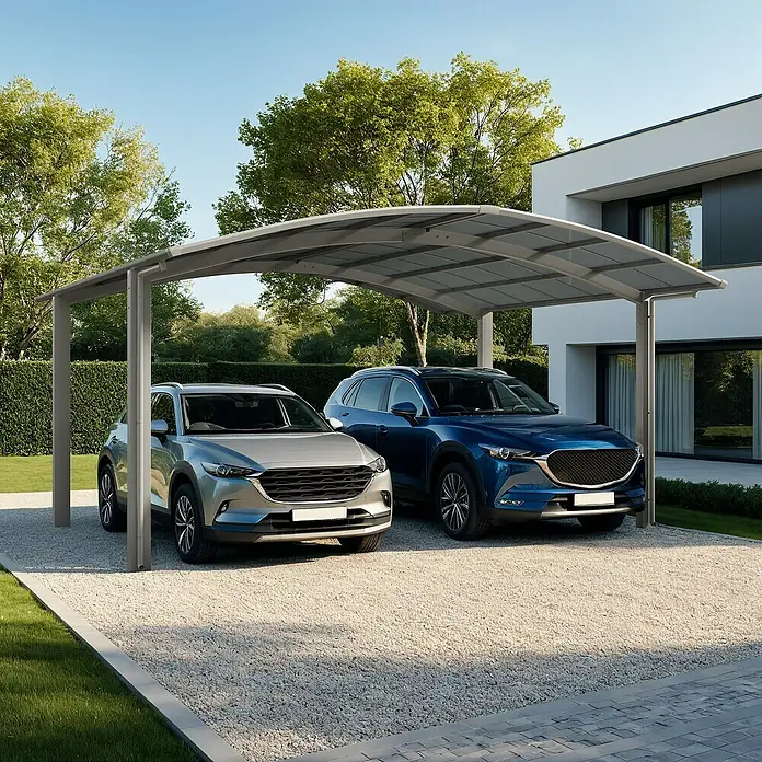 Ximax Carport Portoforte Typ 60 - M Ausführung - Außenmaß inkl. Dachüberstand (B x T): 5,42 x 5,56 m, Edelstahl-Look - Modernes Doppelcarport mit zwei geparkten Mazda CX-5 Autos, das Schutz und stilvolles Design vereint.