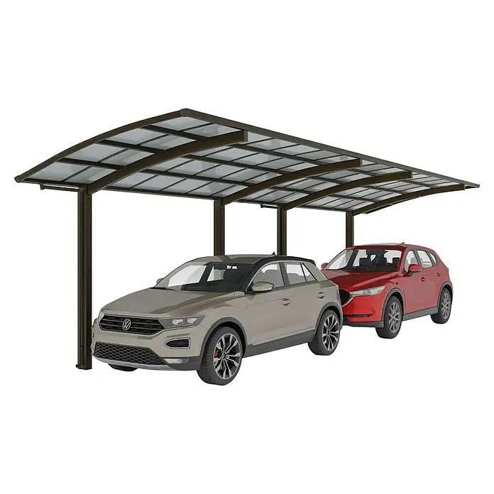 Ximax Carport - Außenmaß inkl. Dachüberstand (B x T): 2,7 x 11,03 m, Doppelcarport, Mattbraun - Doppelcarport aus Metall mit zwei geparkten Autos darunter. Der Carport bietet Schutz vor Witterungseinflüssen für die Fahrzeuge.