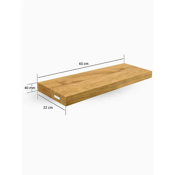 holz4home Holzregal -  - Nahaufnahme eines schwebenden Holzregals mit den Maßen 60 cm Länge, 22 cm Breite und 40 mm Dicke, das die natürliche Holzmaserung betont.