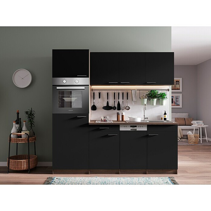 Respekta Cocina (Ancho: 205 cm, Con placa vitrocerámica, Imitación de madera de roble York, Negro)