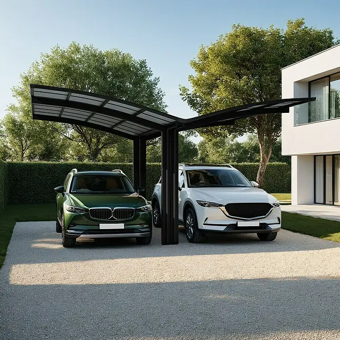 Ximax Carport Portoforte Typ 80 - Y Ausführung - Außenmaß inkl. Dachüberstand (B x T): 6,05 x 5,56 m, Schwarz - Moderne Doppelcarport-Struktur mit zwei geparkten Autos. Robustes Design bietet optimalen Schutz vor Witterungseinflüssen.