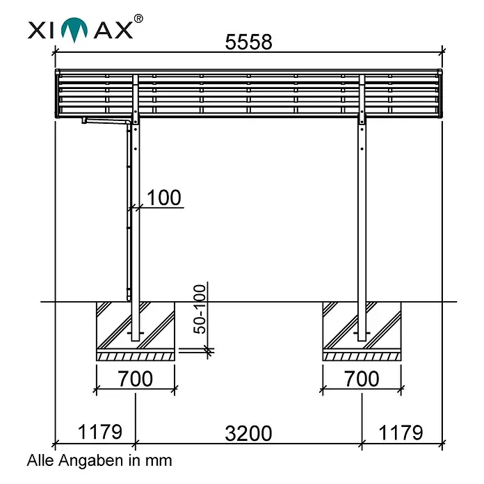 Ximax Carport Portoforte Typ 60 - Y Ausführung - Außenmaß inkl. Dachüberstand (B x T): 5,43 x 5,56 m, Mattbraun - Detailzeichnung der Ximax Überdachung mit Maßangaben für Montage und Bau.