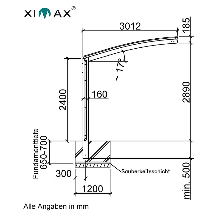 Ximax Carport Portoforte Typ 60 - Tandem - Außenmaß inkl. Dachüberstand (B x T): 3,01 x 11,03 m, Edelstahl-Look - Abbildung einer technischen Zeichnung von Ximax mit Bemaßungen und Details zu Fundamenttiefe, Höhe und Breite des Produkts.