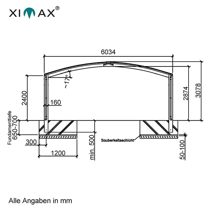 Ximax Carport Portoforte Typ 80 - M Ausführung - Außenmaß inkl. Dachüberstand (B x T): 6,03 x 5,56 m, Mattbraun - Technische Zeichnung einer Ximax-Struktur mit Maßangaben, die die Fundamenttiefe, Gesamthöhe und -breite des Bauwerks zeigt.