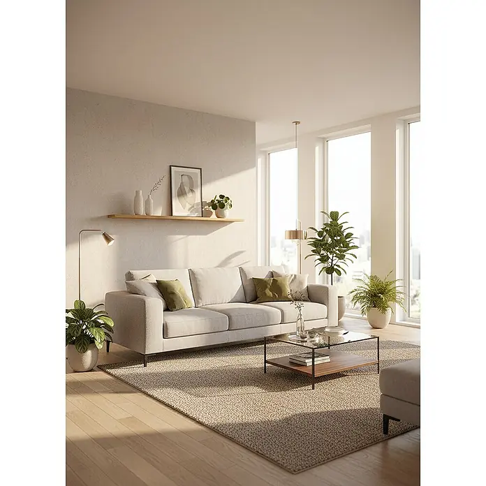 holz4home Holzregal -  - Elegantes Wohnzimmer mit einem stilvollen grauen Sofa, das Komfort und modernes Design vereint. Die Zimmerpflanzen bringen Leben in den Raum.