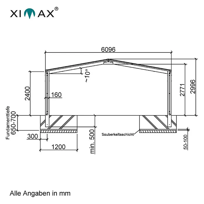 Ximax Carport Linea Typ 80 - M Ausführung - Außenmaß inkl. Dachüberstand (B x T): 6,1 x 4,95 m, Edelstahl-Look - Technische Zeichnung einer Ximax-Struktur mit Maßangaben, inklusive Fundamenttiefe, Höhen, Längen und Winkel.