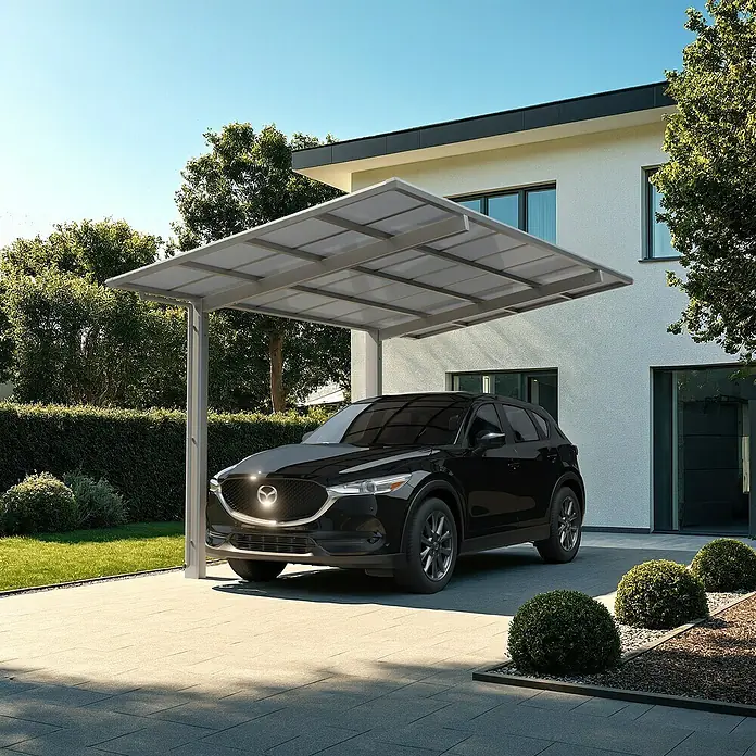 Ximax Carport Linea Typ 60 - Außenmaß inkl. Dachüberstand (B x T): 2,43 x 5,56 m, Edelstahl-Look - Carport-System mit einem schwarzen Mazda CX-5. Die Überdachung bietet Schutz und wertet das Haus optisch auf.