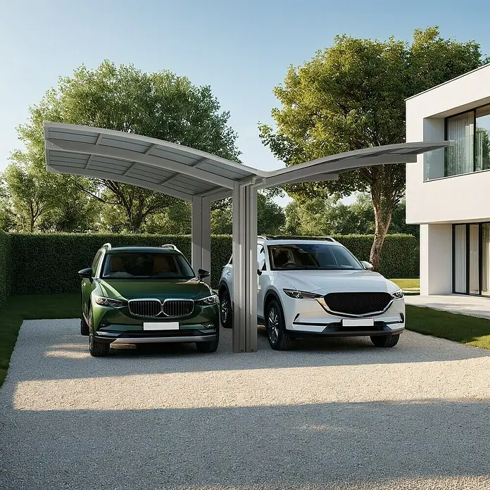 Ximax Carport Portoforte Typ 60 - Y Ausführung - Außenmaß inkl. Dachüberstand (B x T): 5,43 x 5,56 m, Edelstahl-Look - Eine moderne Doppelcarport-Konstruktion aus Metall bietet stilvollen Schutz für zwei Autos vor den Elementen.