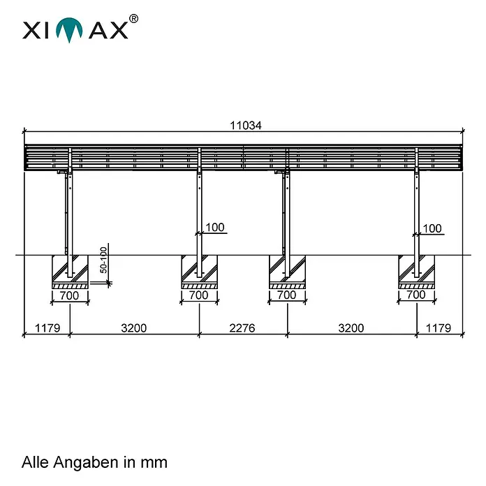 Ximax Carport Portoforte Typ 60 - Tandem - Außenmaß inkl. Dachüberstand (B x T): 3,01 x 11,03 m, Edelstahl-Look - Schemazeichnung einer XI-AX-Konstruktion mit Maßangaben in Millimetern, das Design und die Abmessungen detailliert darstellt.