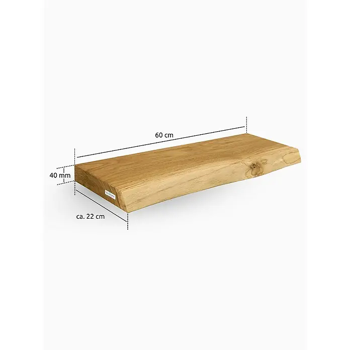 holz4home Holzregal -  - Attraktives Foto eines rechteckigen Holzregals mit abgerundeten Kanten und den Maßen 60 cm Länge, 22 cm Tiefe und 40 mm Dicke.