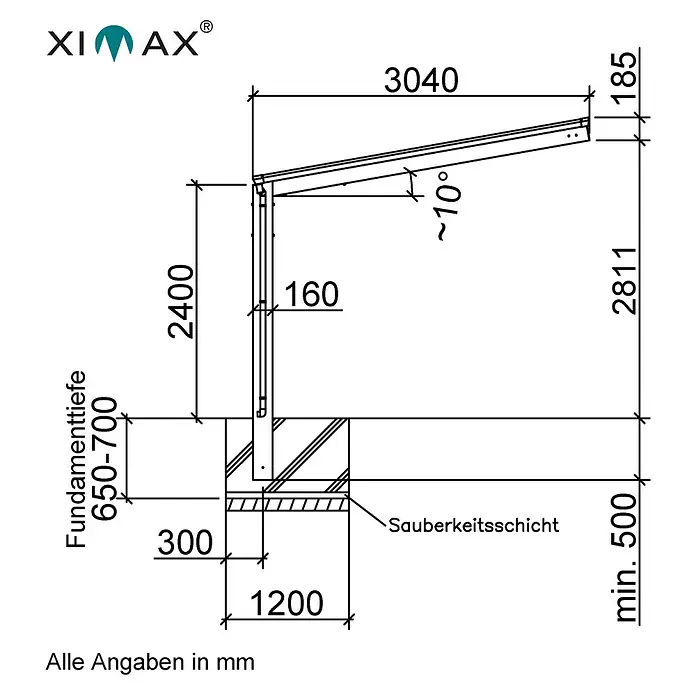 Ximax Carport Linea Typ 80 - Tandem - Außenmaß inkl. Dachüberstand (B x T): 3,04 x 9,83 m, Schwarz - Technische Zeichnung eines Ximax-Produkts mit Maßangaben zu Fundamenttiefe, Höhe und Breite.