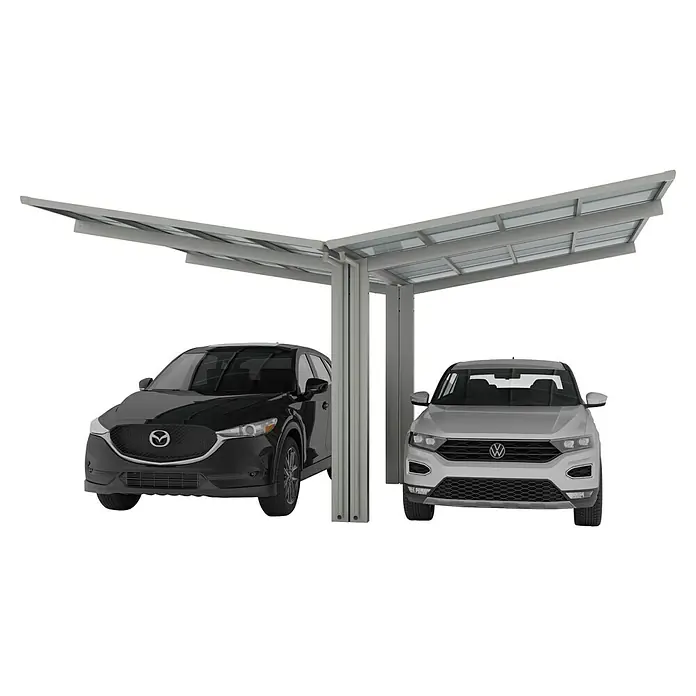 Ximax Carport Linea Typ 60 - Außenmaß inkl. Dachüberstand (B x T): 5,48 x 5,56 m, Edelstahl-Look - Ein Doppelcarport aus Aluminium mit zwei darunter geparkten Autos bietet Schutz vor Witterungseinflüssen. Ideale Lösung für Hausbesitzer.