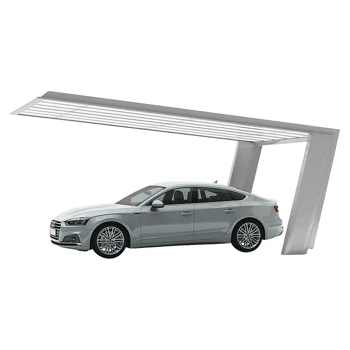 Ximax Carport Miro 7 Typ 60 - Außenmaß inkl. Dachüberstand (B x T): 3,19 x 5,87 m, Edelstahl-Look - Überdachter Stellplatz mit einem eleganten, silberfarbenen Audi darunter. Die Überdachung bietet Schutz vor Witterungseinflüssen.