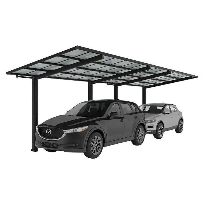 Ximax Carport Linea Typ 60 - Außenmaß inkl. Dachüberstand (B x T): 2,73 x 11,03 m, Schwarz - Ein Carport mit zwei geparkten Autos darunter, bietet Schutz vor Wettereinflüssen. Das Carport ist modern gestaltet.