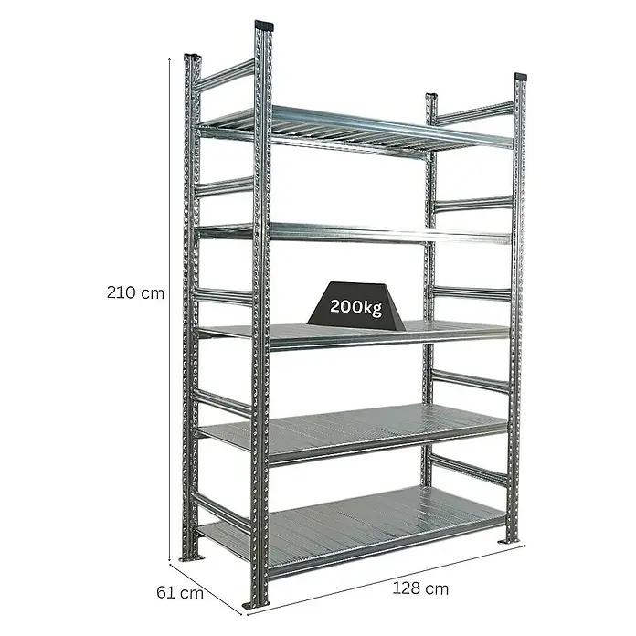 Proregal Aktenregal PROXIMO Grundregal - H x B x T: 210 x 120 x 60 cm, Anzahl Böden: 5 Stk., Stecken, Verzinkt - Abgebildetes Metallregal mit fünf Ablageflächen und den Maßen 210 x 128 x 61 cm. Die maximale Traglast pro Regalboden beträgt 200 kg.