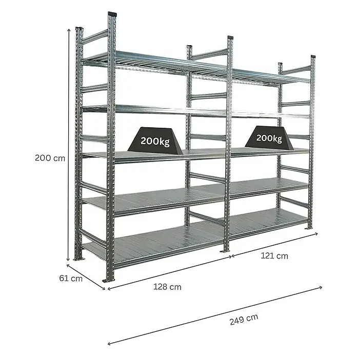 Proregal Aktenregal PROXIMO 1x Grundregal + 1x Anbauregal - Anzahl Böden: 5 Stk., Stecken, Verzinkt - Produktansicht des robusten Metallregals mit mehreren Ebenen, ideal für Lagerung mit einer Traglast von 200 kg pro Ebene.