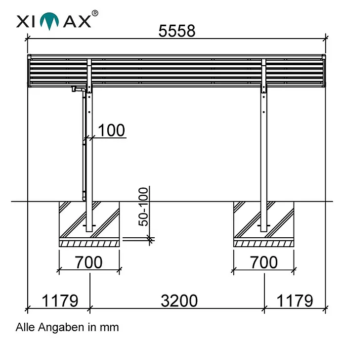 Ximax Carport Linea Typ 60 - Außenmaß inkl. Dachüberstand (B x T): 5,48 x 5,56 m, Edelstahl-Look - Produktbild: Eine detaillierte Zeichnung einer Terrassenüberdachung mit Maßangaben in Millimetern.