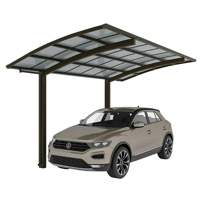 Ximax Carport Portoforte Typ 80 - Außenmaß inkl. Dachüberstand (B x T): 3,01 x 5,56 m, Einzelcarport, Mattbraun - Carport-Konstruktion mit einem darunter geparkten goldfarbenen Auto, die eine stilvolle und schützende Ergänzung für jeden Außenbereich darstellt.
