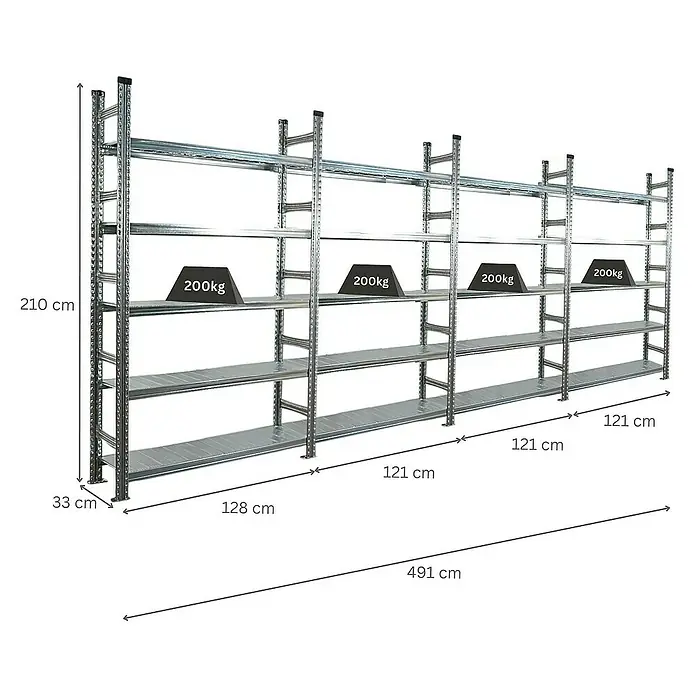 Proregal Aktenregal PROXIMO 1x Grundregal + 3x Anbauregal - H x B x T: 210 x 120 x 32 cm, Anzahl Böden: 5 Stk., Stecken, Verzinkt - Ein robustes Metallregal mit mehreren Ebenen, das mit Gewichten von 200 kg belastet ist, ideal für Lagerhaltung und Organisation.
