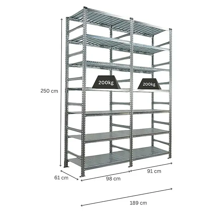 Proregal Aktenregal PROXIMO 1x Grundregal + 1x Anbauregal - H x B x T: 250 x 90 x 60 cm, Anzahl Böden: 6 Stk., Stecken, Verzinkt - Abbildung eines Metallregals mit mehreren Ebenen und den Massangaben 250 x 189 x 61 cm, ideal für Lagerung.
