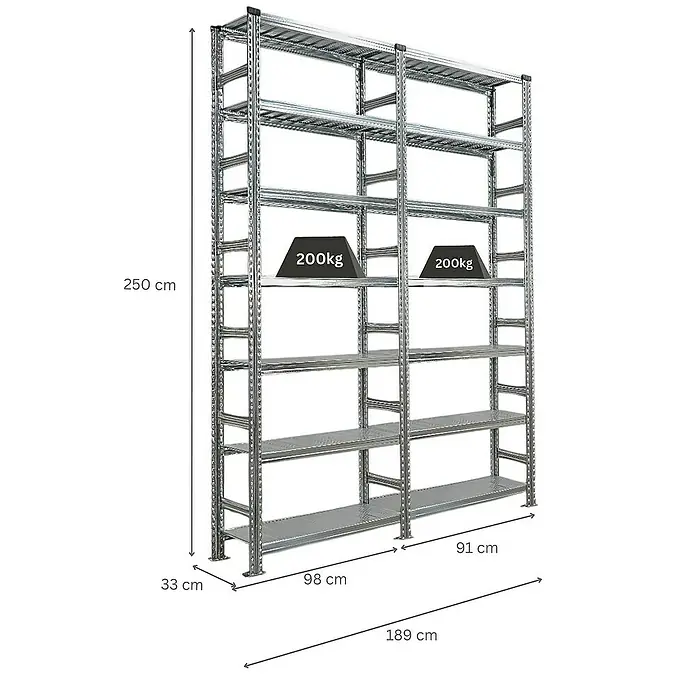 Proregal Aktenregal PROXIMO 1x Grundregal + 1x Anbauregal - Anzahl Böden: 6 Stk., Stecken, Verzinkt - Abbildung eines verzinkten Schwerlastregals mit den Maßen 250x189x33 cm und einer Traglast von 200 kg pro Ebene.