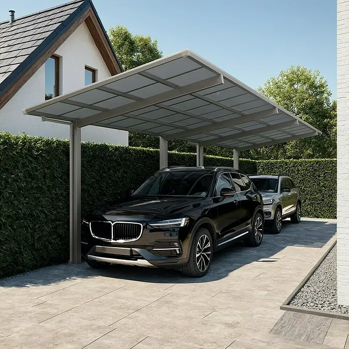 Ximax Carport Linea Typ 60 - Außenmaß inkl. Dachüberstand (B x T): 2,73 x 11,03 m, Edelstahl-Look - Carport mit zwei parkenden Autos, der eine moderne und schützende Überdachung für Fahrzeuge bietet.