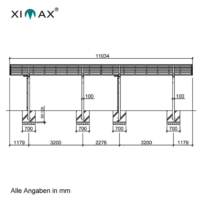 Ximax Carport Linea Typ 60 - Außenmaß inkl. Dachüberstand (B x T): 2,73 x 11,03 m, Edelstahl-Look - Technische Zeichnung einer XIMAX-Geländerkonstruktion mit Bemaßungen, die Details zu Abständen und Größen der Bauteile zeigt.