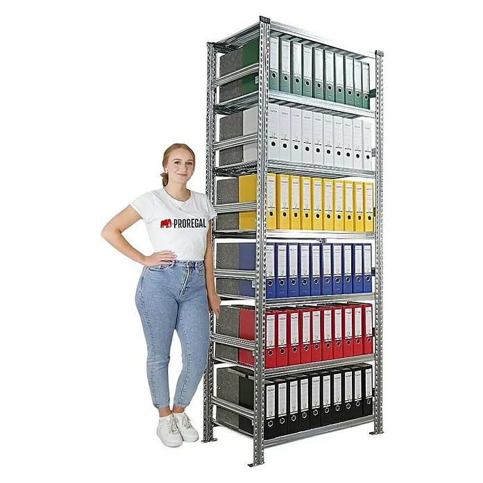 Proregal Aktenregal PROXIMO 1x Grundregal + 1x Anbauregal - H x B x T: 250 x 90 x 60 cm, Anzahl Böden: 6 Stk., Stecken, Verzinkt - Regal mit farbigen Ordnern gefüllt, daneben steht eine junge Frau. Das Regal ist stabil und bietet viel Stauraum für Bürobedarf.