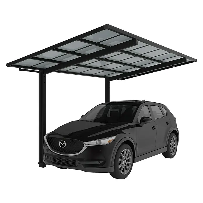 Ximax Carport Linea Typ 60 - Außenmaß inkl. Dachüberstand (B x T): 2,73 x 5,56 m, Schwarz - Eine schwarze Mazda CX-5 steht unter einem modernen Carport mit transparentem Dach, das Schutz vor Witterungseinflüssen bietet.