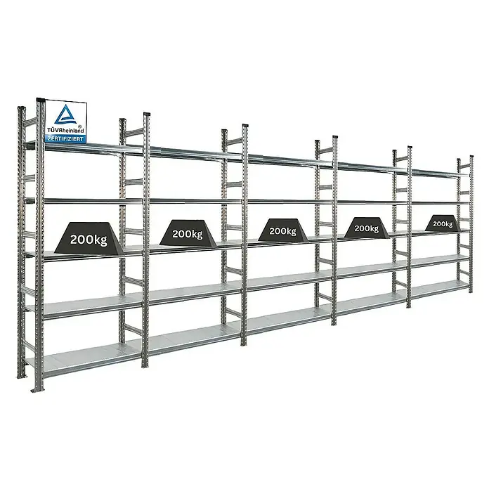 Proregal Aktenregal PROXIMO 1x Grundregal + 4x Anbauregal - Anzahl Böden: 5 Stk., Stecken, Verzinkt - Schwerlastregal mit fünf Fächern, belastet mit 200 kg pro Fach. TÜV Rheinland zertifiziert.