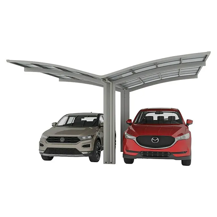 Ximax Carport Portoforte Typ 60 - Y Ausführung - Außenmaß inkl. Dachüberstand (B x T): 6,05 x 5,56 m, Edelstahl-Look - Eine Doppel-Carport-Struktur aus Metall mit zwei Autos darunter, ein grauer VW und ein roter Mazda, die vor Witterungseinflüssen geschützt sind.