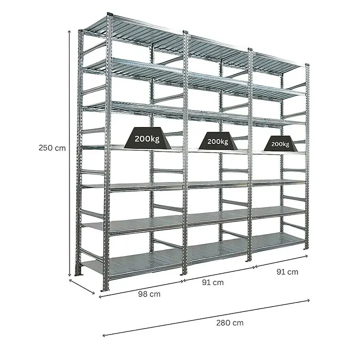 Proregal Aktenregal PROXIMO 1x Grundregal + 2x Anbauregal - Anzahl Böden: 6 Stk., Stecken, Verzinkt - Bild eines robusten Metallregalsystems mit mehreren Ebenen und Gewichtsangaben.