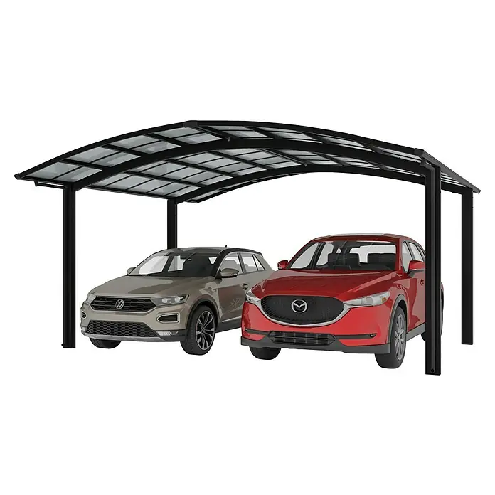Ximax Carport Portoforte Typ 80 - M Ausführung - Außenmaß inkl. Dachüberstand (B x T): 6,03 x 5,56 m, Schwarz - Ein Carport mit zwei geparkten Autos, darunter ein VW T-Roc und ein roter Mazda CX-5, die unter dem schützenden Dach stehen.