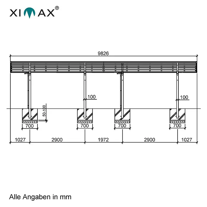Ximax Carport - Außenmaß inkl. Dachüberstand (B x T): 2,7 x 9,83 m, Doppelcarport, Schwarz - Schema einer XIMAX-Produktstruktur mit Bemaßungen. Gesamtbreite 9826 mm, inklusive Fundamente und Pfosten.
