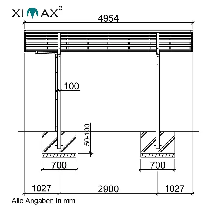 Ximax Carport PF60 - Außenmaß inkl. Dachüberstand (B x T): 2,7 x 4,95 m, Einzelcarport, Schwarz - Technische Zeichnung einer Ximax-Überdachung mit Maßangaben. Die Skizze zeigt detailliert Abmessungen und Konstruktionsdetails des Produkts.