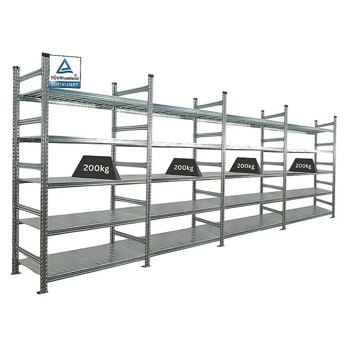 Proregal Aktenregal PROXIMO 1x Grundregal + 3x Anbauregal - Anzahl Böden: 5 Stk., Stecken, Verzinkt - Ein Regal mit mehreren Ebenen, die jeweils mit Gewichten von 200 kg belastet sind. Das Regal ist zertifiziert und stabil.