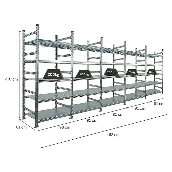 Proregal Aktenregal PROXIMO 1x Grundregal + 4x Anbauregal - Anzahl Böden: 5 Stk., Stecken, Verzinkt - Ein Metallregalsystem mit mehreren Ebenen und Gewichtsangaben. Ideal für Lagerung mit Traglast bis zu 200kg pro Fach.