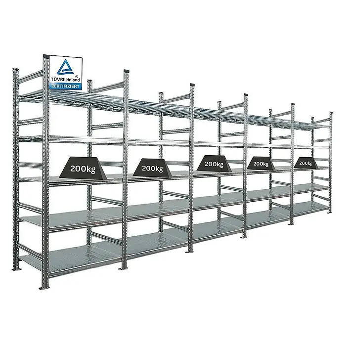 Proregal Aktenregal PROXIMO 1x Grundregal + 4x Anbauregal - Anzahl Böden: 5 Stk., Stecken, Verzinkt - Bild eines Schwerlastregals mit mehreren Regalböden und Gewichtsangaben von 200 kg. Ideal für Lagerung und Organisation.