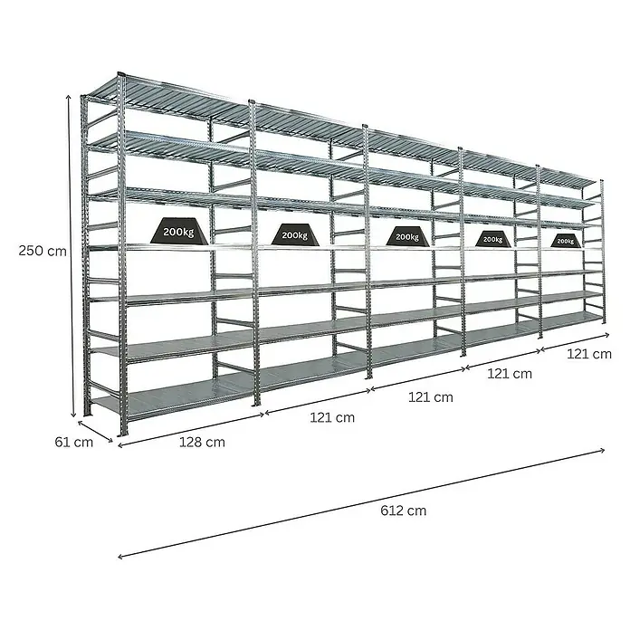 Proregal Aktenregal PROXIMO 1x Grundregal + 4x Anbauregal - H x B x T: 250 x 120 x 60 cm, Anzahl Böden: 6 Stk., Stecken, Verzinkt - Ein langes Schwerlastregal aus Metall mit mehreren Fächern, das zur Lagerung und Organisation von Waren verwendet wird.