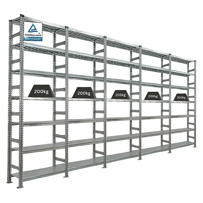 Proregal Aktenregal PROXIMO 1x Grundregal + 4x Anbauregal - Anzahl Böden: 6 Stk., Stecken, Verzinkt - Regalsystem mit mehreren Ebenen, belastet mit 200 kg Gewichten auf jeder Ebene. Zertifiziertes, robustes Metallregal für Lager oder Werkstatt.