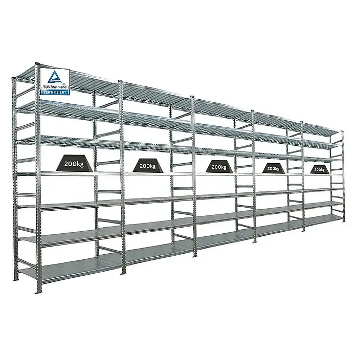 Proregal Aktenregal PROXIMO 1x Grundregal + 4x Anbauregal - H x B x T: 250 x 120 x 60 cm, Anzahl Böden: 6 Stk., Stecken, Verzinkt - Produktbild: Ein langes, verzinktes Schwerlastregal mit fünf Ebenen und einer TÜV-Zertifizierung, belastet mit 200 kg auf der dritten Ebene.