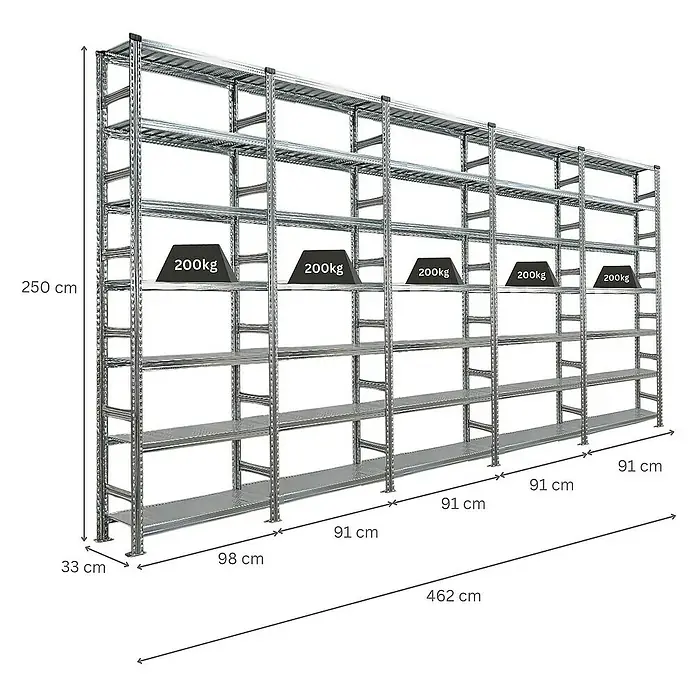 Proregal Aktenregal PROXIMO 1x Grundregal + 4x Anbauregal - Anzahl Böden: 6 Stk., Stecken, Verzinkt - Das Bild zeigt ein Schwerlastregal mit mehreren Ebenen, das mit 200 kg pro Ebene belastbar ist. Die Maße des Regals sind angegeben.