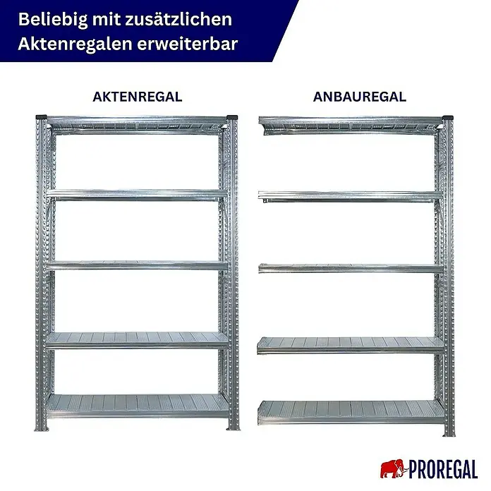 Proregal Aktenregal PROXIMO Grundregal - H x B x T: 200 x 90 x 32 cm, Anzahl Böden: 5 Stk., Stecken, Verzinkt - Bild eines Aktenschranks und eines Anbauregals mit je fünf Regalböden, die beliebig erweiterbar sind.