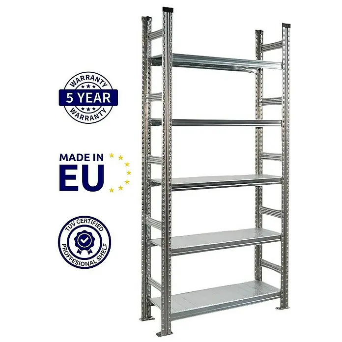 Proregal Aktenregal PROXIMO Grundregal - H x B x T: 200 x 90 x 32 cm, Anzahl Böden: 5 Stk., Stecken, Verzinkt - Abbildung eines silberfarbenen Metallregals mit fünf Ebenen, ideal für Lagerung und Organisation.