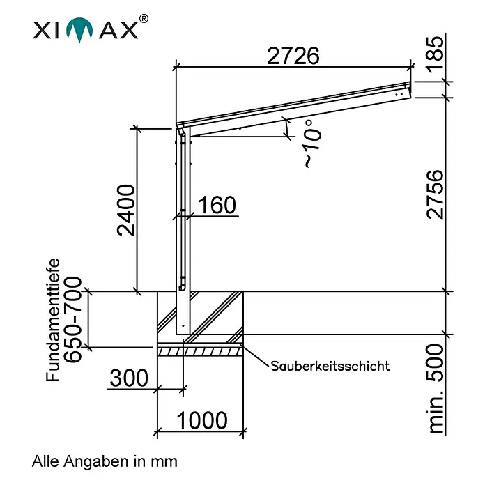 Ximax Carport Linea Typ 60 - Außenmaß inkl. Dachüberstand (B x T): 2,73 x 11,03 m, Edelstahl-Look - Schemazeichnung eines Ximax-Produktes mit Maßangaben in mm, inklusive Fundamenttiefe, Gesamthöhe, Breite und Dachneigung.